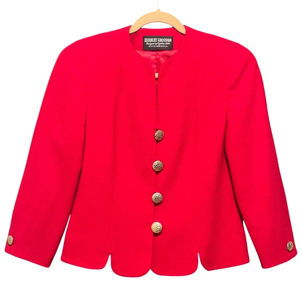 Herbert‎ Grossman Cynthia Sobel Red Wool Blazer Scalloped Hem Vintage USA Made